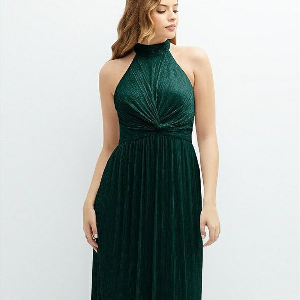 After Six 6882....Band Collar Halter Metallic Pleated Dress...Evergreen...Sz 3X